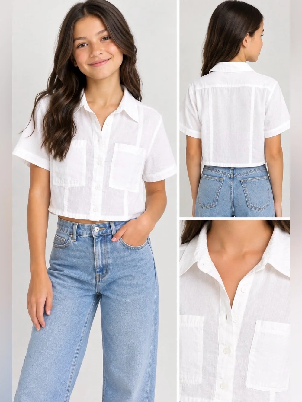 ZARA Girls 9-10 White Cropped Button Up Shirt Modal Short Sleeve